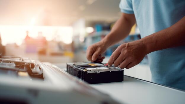 A person working on a battery pack in a modern workspace, showcasing attention to detail and technical skills. photo