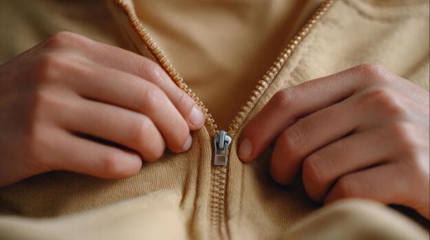 A close-up of a person zipping up a mustard-colored jacket, conveying a sense of warmth and comfort. photo