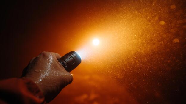 A hand holding a flashlight illuminates a dark, misty space, casting an orange glow that creates a mysterious atmosphere. photo
