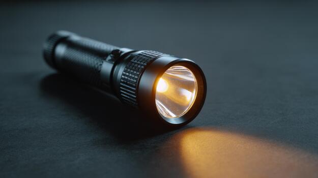 Close-up of a sleek, durable black flashlight emitting a bright beam of light, set against a dark background. photo