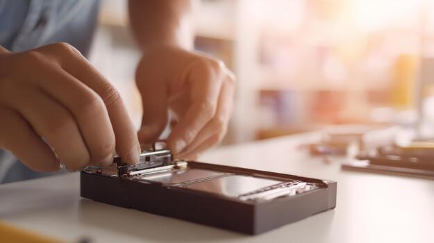 Close-up of hands assembling a circuit board in a bright workshop, showcasing technical skill and focus on detail. photo
