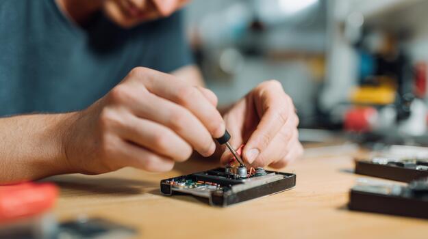 A young male technician skillfully repairs a circuit board with precision tools in a well-lit workshop. photo