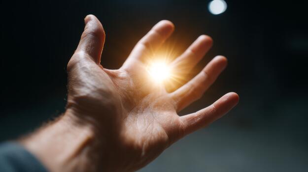 A close-up of a male hand extending to the camera, radiating a bright light from the palm, evoking a sense of wonder. photo