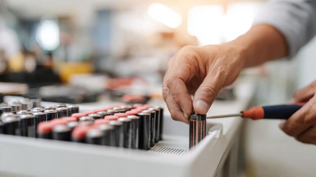 A close-up of a person assembling batteries, showcasing meticulous attention to detail in a well-lit work environment. photo