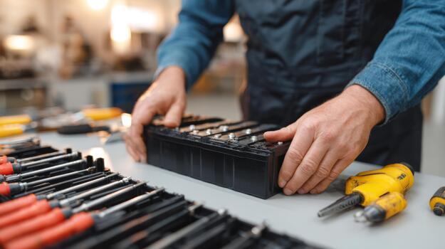 A skilled male technician carefully assembles a battery, surrounded by various tools in a well-lit workshop. photo