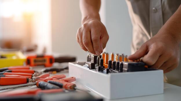 Close-up of a male technician organizing batteries and tools, showcasing precision and concentration in a workshop setting. photo