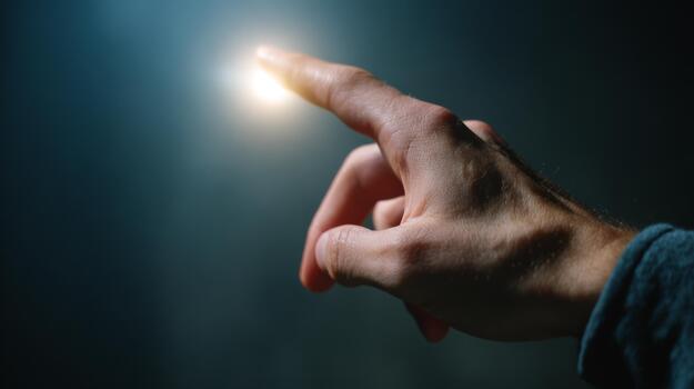 A close-up of a male hand reaching out to touch a glowing light in a dark atmosphere. photo