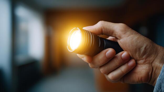 A close-up of a hand holding a flashlight, illuminating a dimly lit room with a warm glow. photo