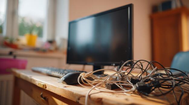Cluttered workspace featuring a computer monitor with tangled cables and a keyboard, creating a busy, chaotic atmosphere. photo