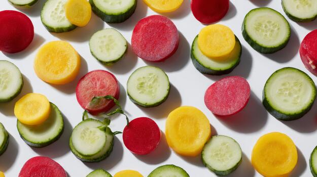 Vibrant display of sliced cucumbers and colorful radishes, showcasing a fresh and healthy arrangement. photo