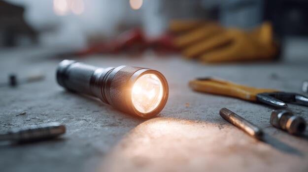 un pulcro metal Linterna pone en un taller superficie, rodeado por herramientas y equipo, fundición un calentar resplandor en el oscuro ligero. foto