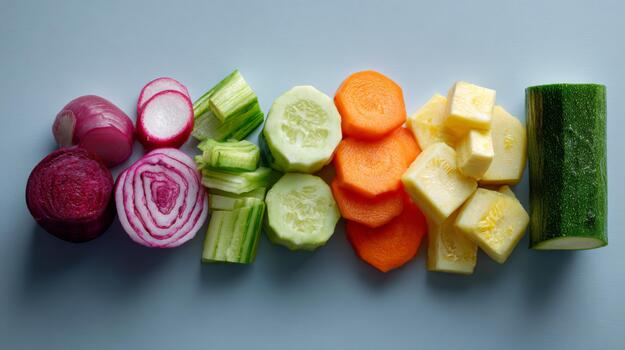 A vibrant array of fresh vegetables including red onion, cucumber, carrot, and zucchini, beautifully arranged on a blue background. photo