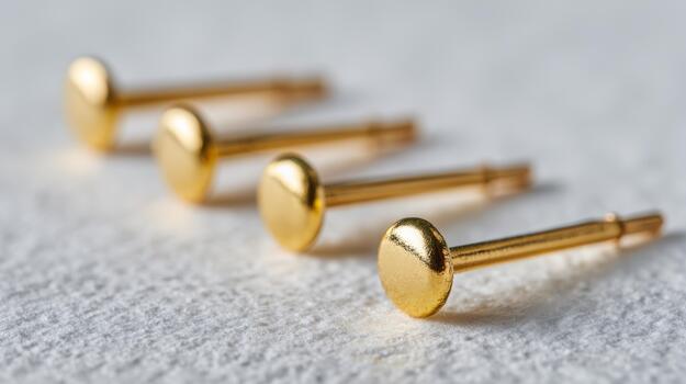 Four shiny gold nails arranged in a row against a textured light background. photo