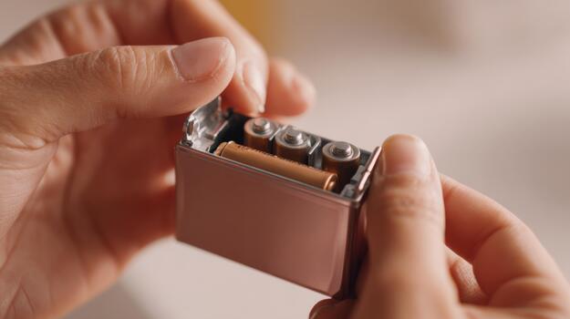 Close-up of hands holding a battery compartment showcasing various batteries inside. photo
