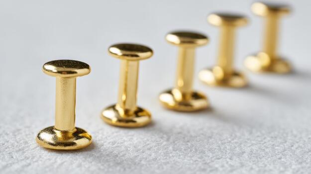 Close-up of five shiny gold pins arranged in a line on textured white fabric. photo