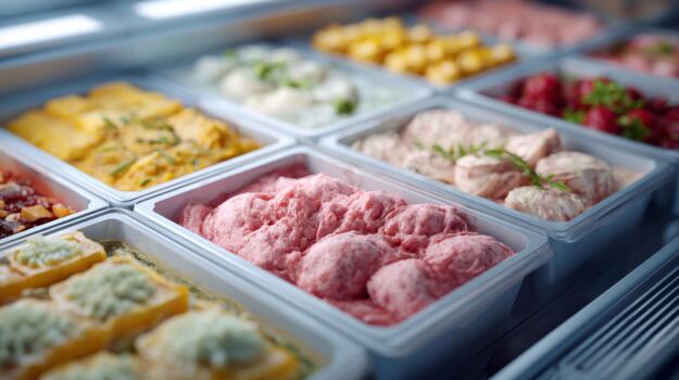 Various flavors of gelato arranged in a display case, showcasing vibrant colors and enticing textures. photo