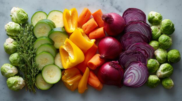 A vibrant array of fresh vegetables, including cucumbers, carrots, red onions, and Brussels sprouts, arranged artfully on a marble surface. photo