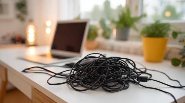 A tangled mess of black cables on a desk, with a laptop and green plants in the background, evoking a sense of clutter and disorganization. photo