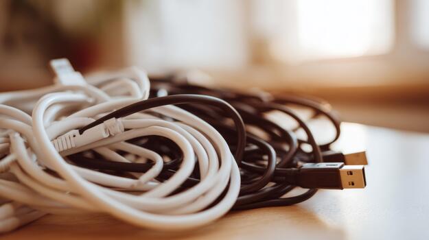 A tangle of white and black charging cables on a wooden surface, captured in warm light, creating a cozy and chaotic atmosphere. photo