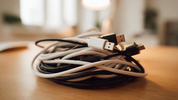 A tangled mess of black and white USB cables on a wooden surface, showcasing modern connectivity and clutter. photo