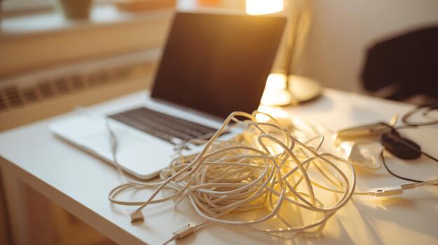 A cluttered workspace featuring a laptop and tangled charging cables, set against a warm lamp glow. photo