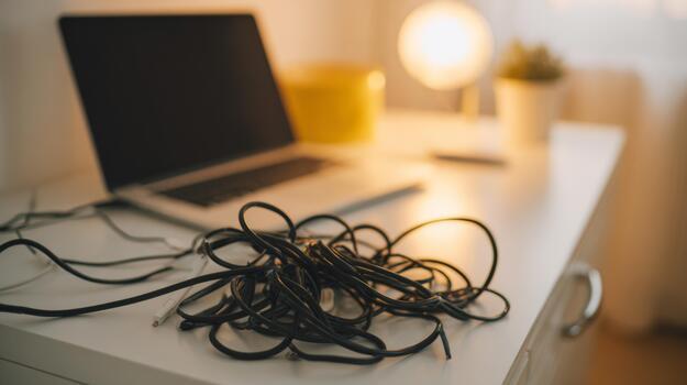 A cluttered workspace with tangled cables in the foreground, and a laptop and lamp softly illuminated in the background. photo