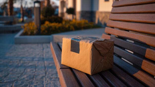 A cardboard package sits on a wooden bench in a tranquil outdoor setting during golden hour, surrounded by greenery. photo