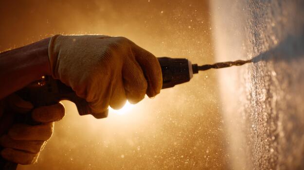 de cerca de un enguantado mano perforación dentro un muro, con calentar ligero creando un dramático efecto y polvo partículas suspendido en el aire. foto