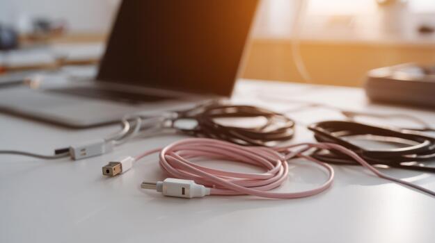 A cluttered workspace featuring various charging cables, including a pink one, against a blurred background of a laptop. photo