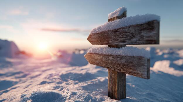 A rustic wooden signpost stands in a snowy landscape, adorned with fresh snow, illuminated by the soft light of dawn. photo