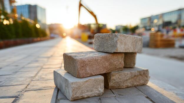 Close-up of stacked building stones on a construction site during sunset, creating a warm and inviting atmosphere. photo
