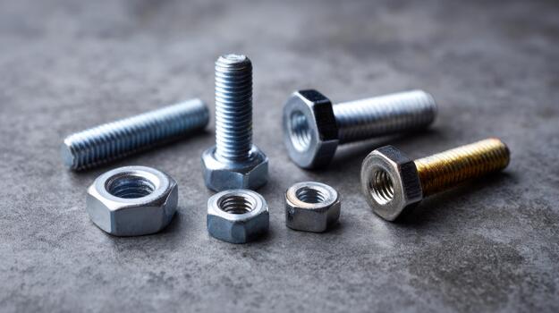 A close-up view of assorted bolts and nuts in various sizes, showcasing metallic textures and finishes. photo