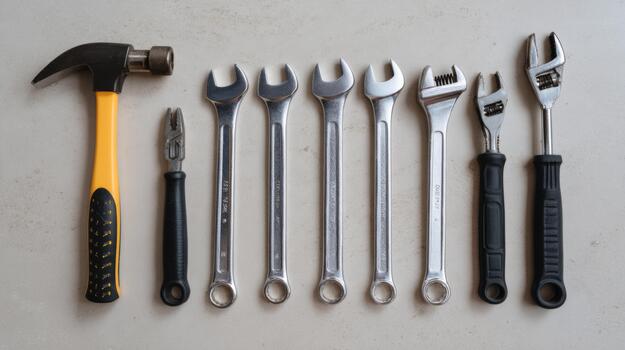 A collection of essential hand tools arranged neatly, including a hammer, pliers, and various wrenches. photo