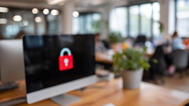 A blurred view of an office workspace featuring a computer with a red padlock symbol, symbolizing cybersecurity and data protection. photo