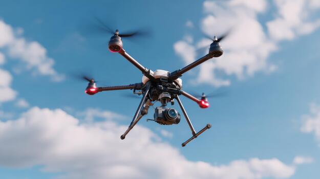 A high-tech drone in flight, showcasing advanced equipment against a bright blue sky with fluffy clouds. photo