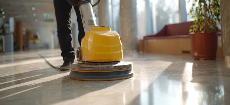 A worker using a yellow floor polishing machine to clean a bright, spacious interior. photo