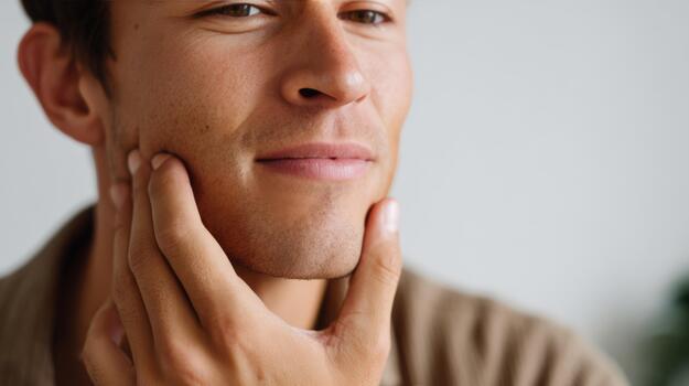 Young man of European descent gently touching his chin, showcasing a thoughtful expression in a softly lit indoor setting. photo