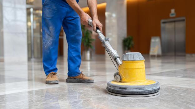 A laborer in blue overalls cleans a marble floor with a yellow rotary floor machine, showcasing diligent work in a well-lit environment. photo