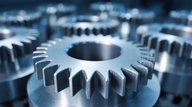 Close-up of metallic gears in a mechanical setting, showcasing intricate details and polished surfaces. photo