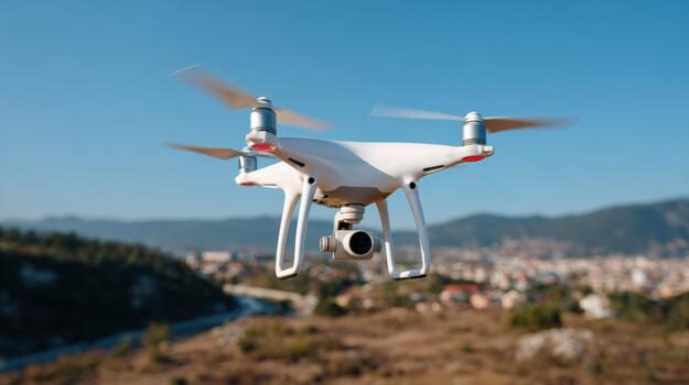 White quadcopter drone hovering against a clear blue sky, showcasing its advanced camera technology. photo