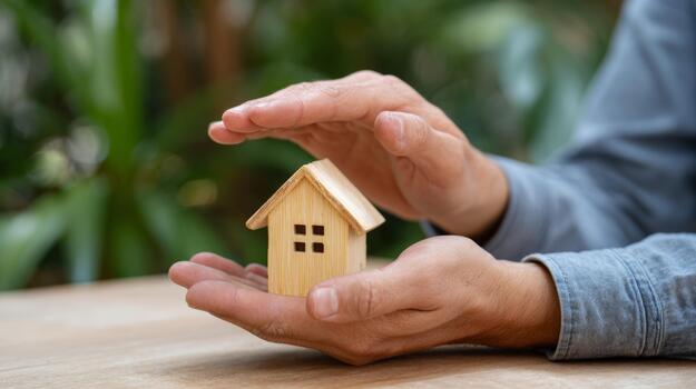 A pair of hands gently protecting a small wooden house model, symbolizing care and security in homeownership. photo