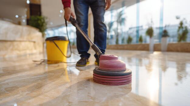 A focused male worker meticulously cleans the marble floor using a polishing machine in a modern lobby. photo