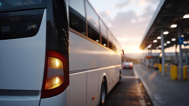 A sleek white bus parked at a terminal during sunset, showcasing warm colors and a serene atmosphere. photo