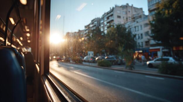 Golden hour light spills through a bus window, illuminating a bustling street scene with trees and parked cars. photo