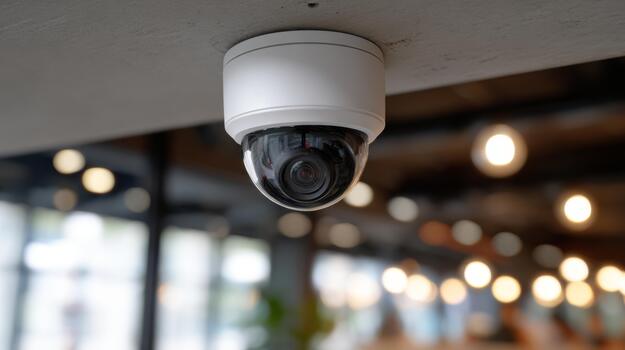 A modern security camera mounted on a ceiling, providing surveillance in a well-lit, contemporary environment. photo