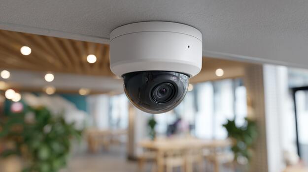 Modern surveillance camera installed in a stylish office environment. photo