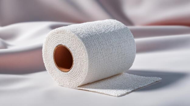 A close-up of a white cotton gauze roll elegantly displayed against a soft pastel fabric backdrop. photo