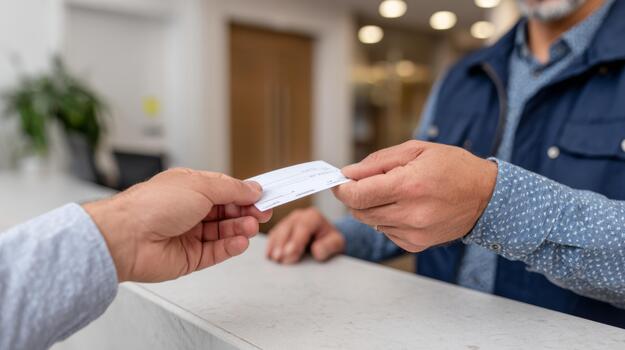 A middle-aged man hands a check to a receptionist at a modern front desk. photo