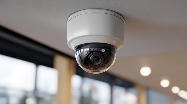 A modern surveillance camera mounted on the ceiling, ensuring security in a contemporary indoor setting. photo