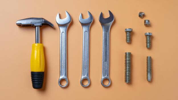 A collection of tools including a hammer, wrenches, and screws on a warm orange background, perfect for DIY projects. photo